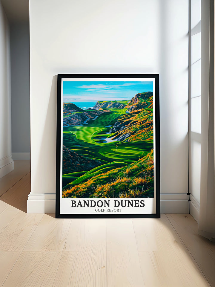 An Oregon Coast wall print of Bandon Dunes Golf Resort, showcasing the dynamic interplay between the courses pristine fairways and the wild beauty of the Pacific Ocean. This detailed artwork is a striking visual reminder of one of the worlds most scenic golf courses.