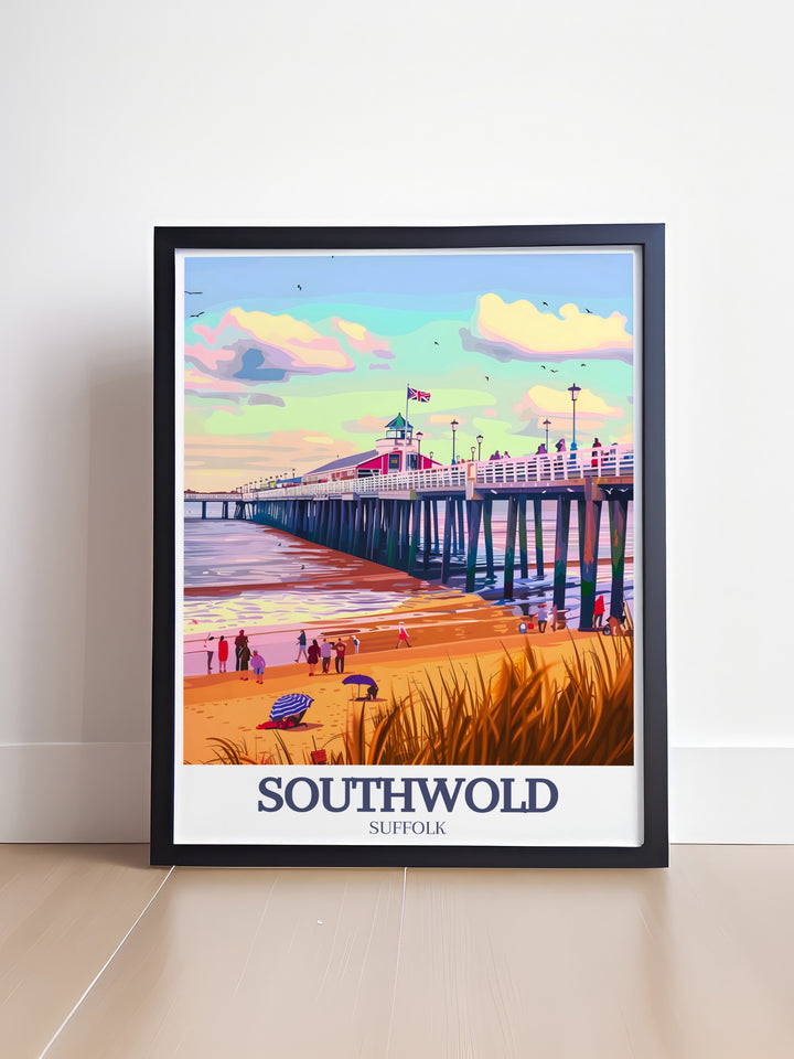 Artistic Framed Print of Southwold Beach Huts with the Southwold Pier North Sea in the background. This print adds a touch of elegance and nostalgia to any room. Perfect for seaside enthusiasts and art lovers alike.