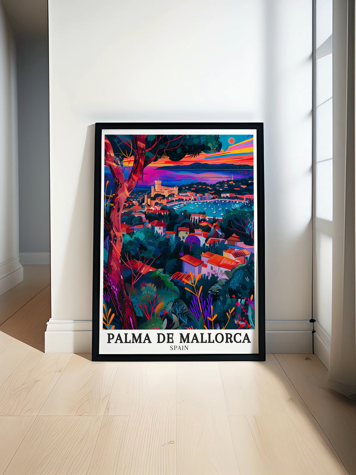 Vivid Palma de Mallorca artwork showcasing the imposing Bellver Castle and the serene Palma Bay. The detailed print offers a glimpse into the heart of this Balearic city, making it a cherished piece for any lover of Spain travel art