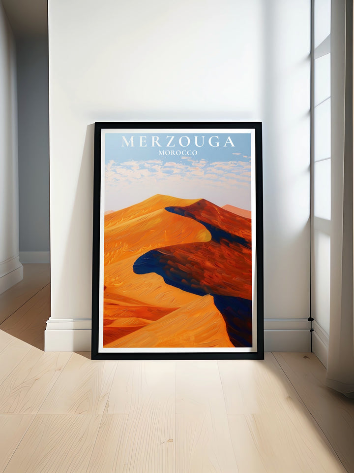 Morocco Art featuring Merzouga Poster and Erg Chebbi Dunes Wall Art brings the beauty of Moroccan landscapes into your home Perfect for adding a touch of exotic elegance and creating a warm inviting atmosphere in any room or office with rich colors and stunning details