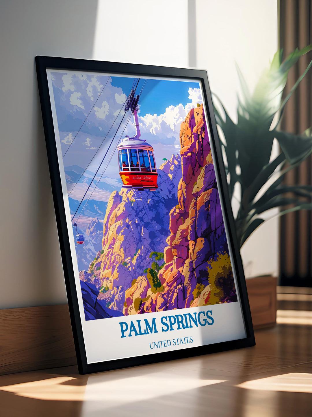 Stylish Palm Springs Aerial Tramway Artwork with a modern design highlighting the tramway and desert scenery suitable for home decor and gifts