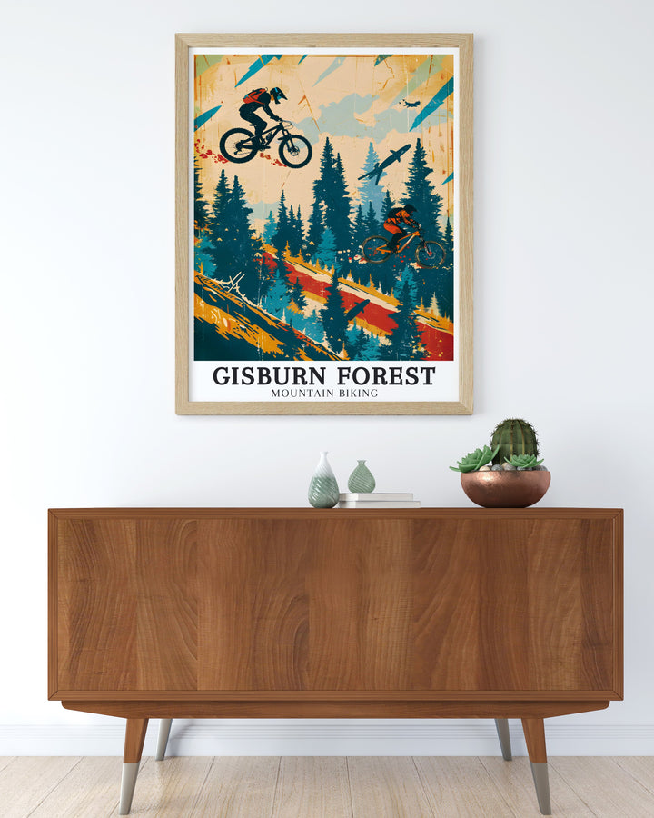 Bring the thrill of mountain biking into your home with this Gisburn Forest Red Route Hully Gully art print featuring stunning colors and bold design perfect for nature and cycling enthusiasts