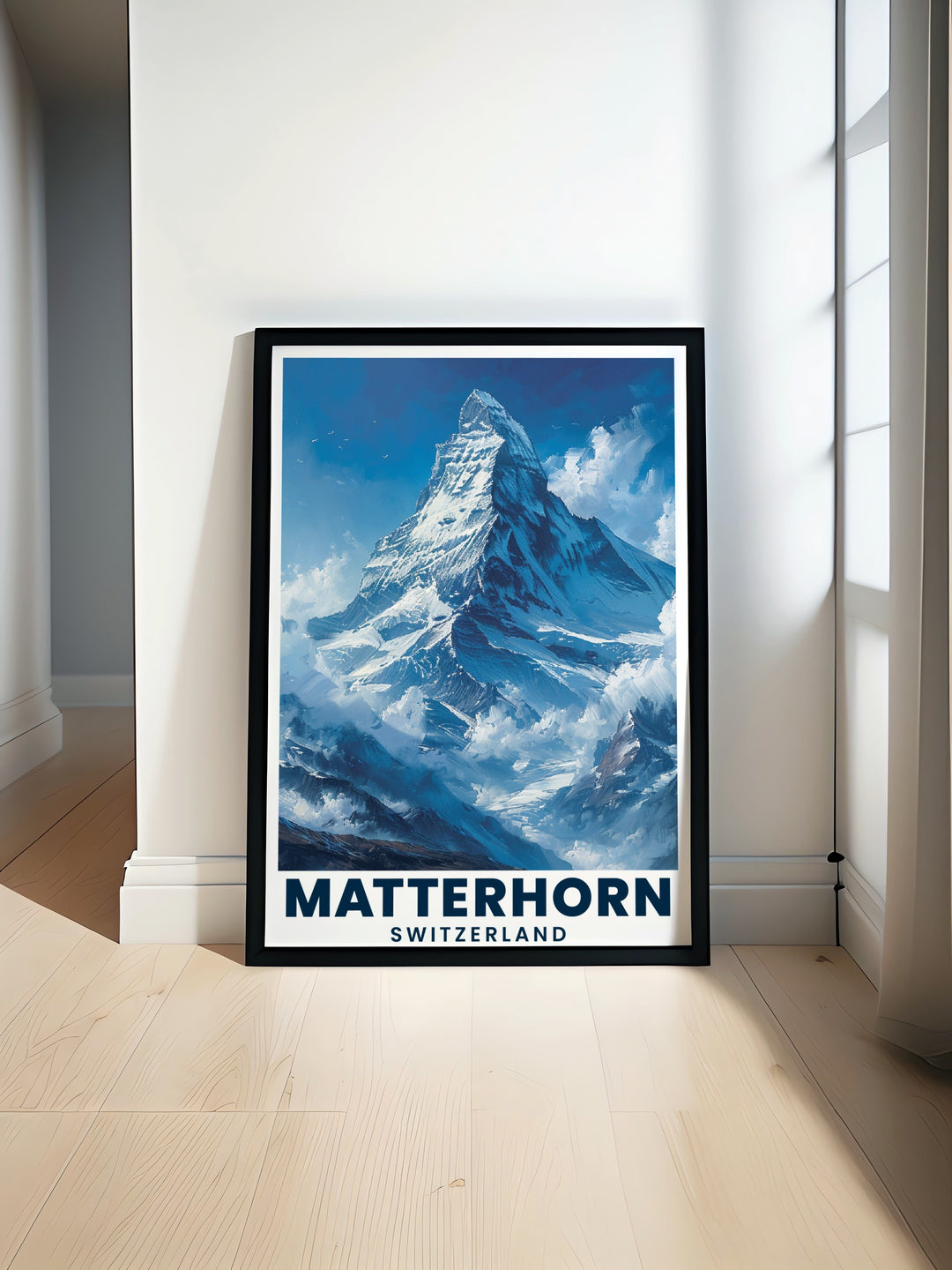 Matterhorn Poster Print featuring a majestic mountain scene of the Swiss Alps with detailed snowboarding art ideal for modern mountain decor and gifts