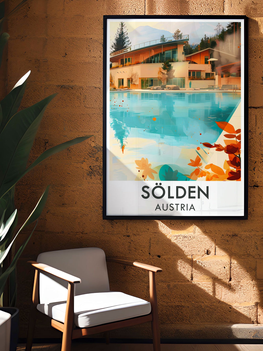 Experience the breathtaking landscapes of Solden with this detailed poster featuring the ski resort and wellness spas, capturing the essence of a winter wonderland and its exhilarating slopes and relaxing thermal baths.