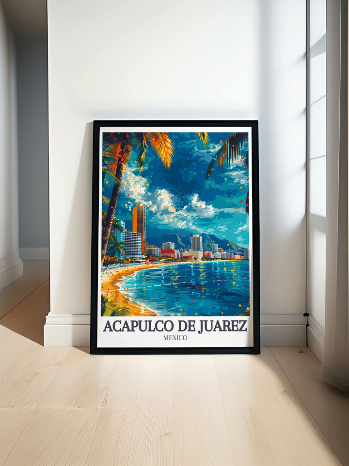 This art print of Acapulco de Juárez celebrates the rich cultural heritage and natural beauty of the city, featuring Playa Condesa and Acapulco Bay.