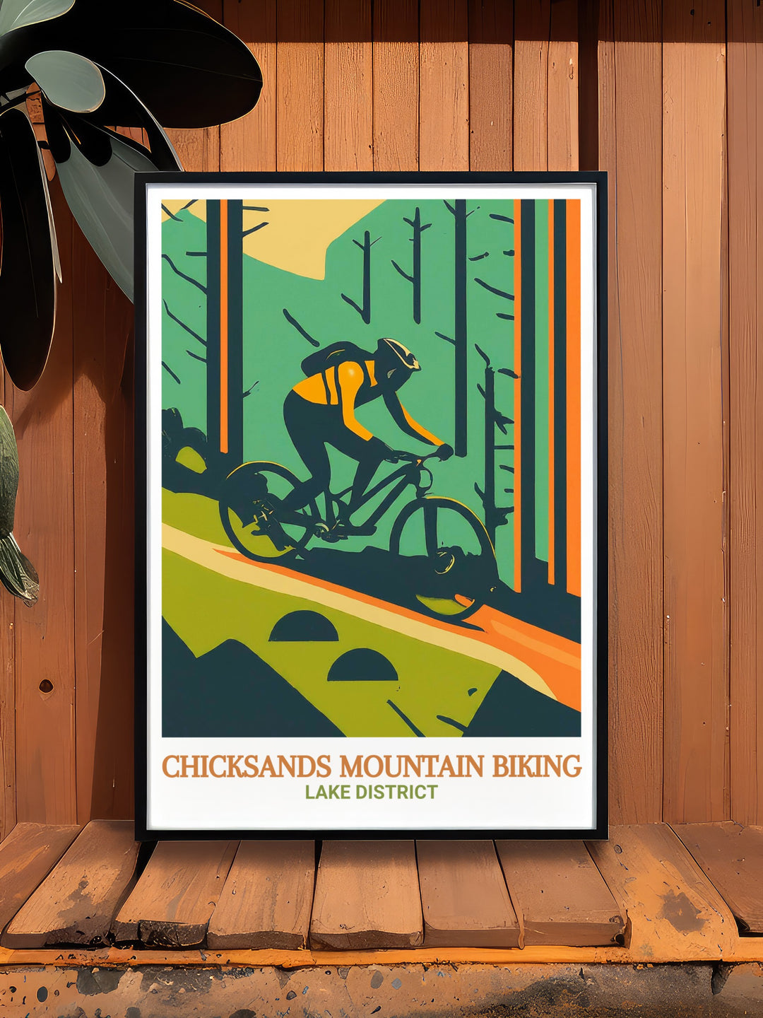 A unique poster of Chicksands Bike Park, showcasing the thrilling MTB trails and the natural beauty of Bedfordshire, making it a perfect piece for mountain bikers or fans of extreme sports to add to their home décor.