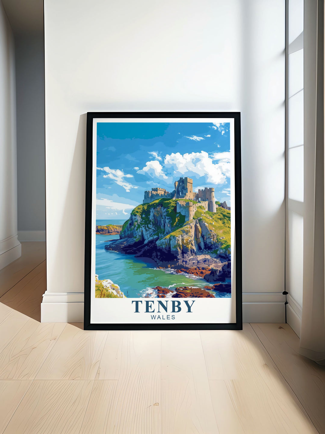 Retro Tenby Poster Print featuring Tenby Castle and St. Catherines Island on the Pembrokeshire Coast. A vintage inspired travel print perfect for any home decor or as a gift for those who love Tenby and the South Wales seaside.