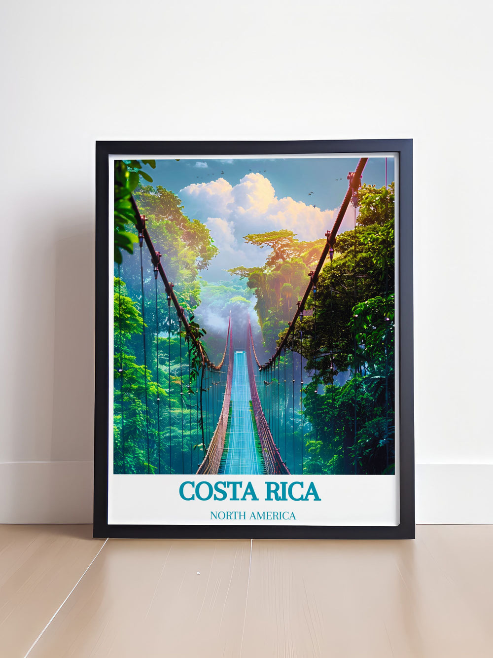 The scenic beauty of Monteverde Cloud Forest Reserve is highlighted in this elegant travel print, featuring the forests diverse wildlife and dense foliage, ideal for creating a tranquil and inspiring atmosphere in your home.