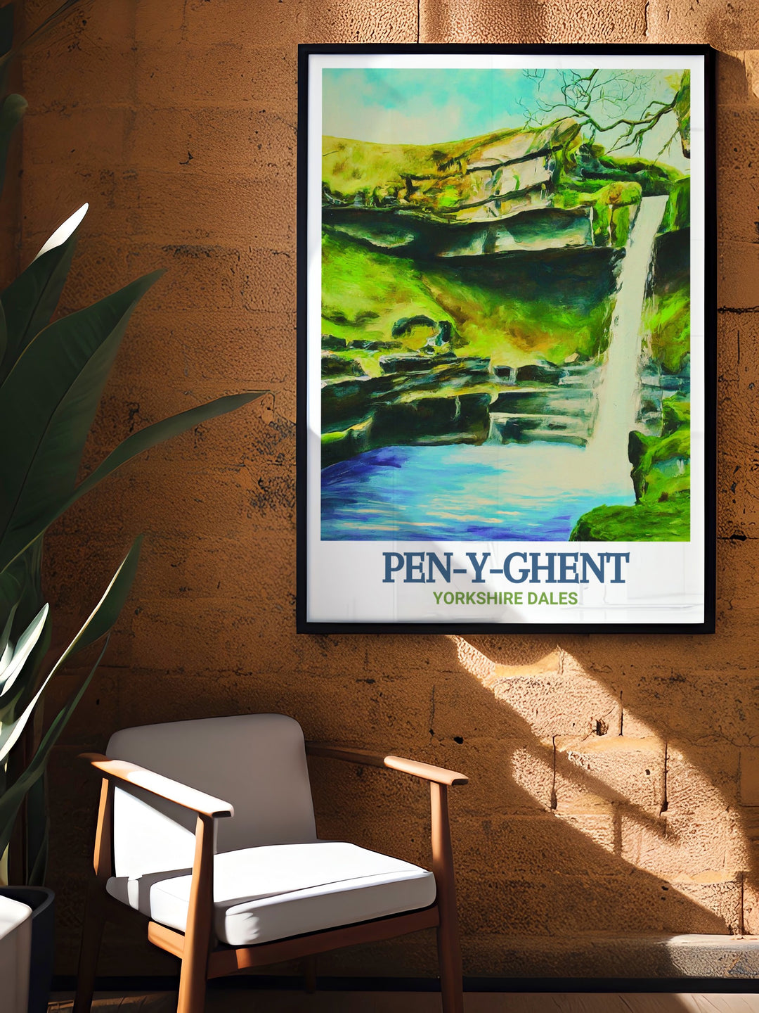 Pen Y Ghent travel poster showcasing the rugged beauty of Pen Y Ghent and Hull Pot in the Yorkshire Dales. This artwork captures the essence of these iconic landmarks, perfect for home decor or as a gift for nature lovers. A timeless piece celebrating Yorkshire.