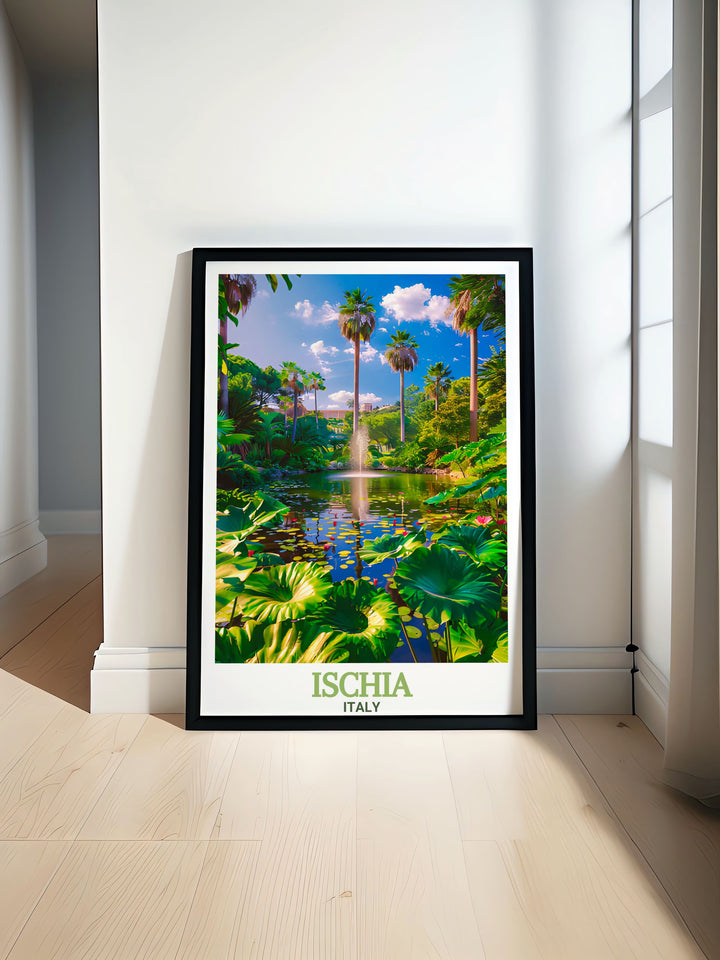 A fine line travel poster of Ischias La Mortella Gardens, Italy, highlighting the lush plant life and serene atmosphere of this iconic garden. Perfect for adding a splash of color to any room or gifting to friends and loved ones.