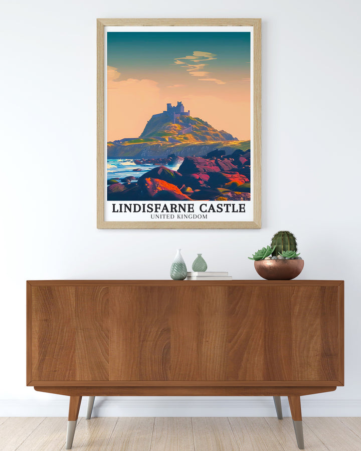 Lindisfarne Castle Framed Art showcasing the castles silhouette against a stunning North Sea sunset, capturing the essence of Holy Islands beauty. This framed art is a timeless addition to any home, bringing a piece of Northumberlands history to your walls.