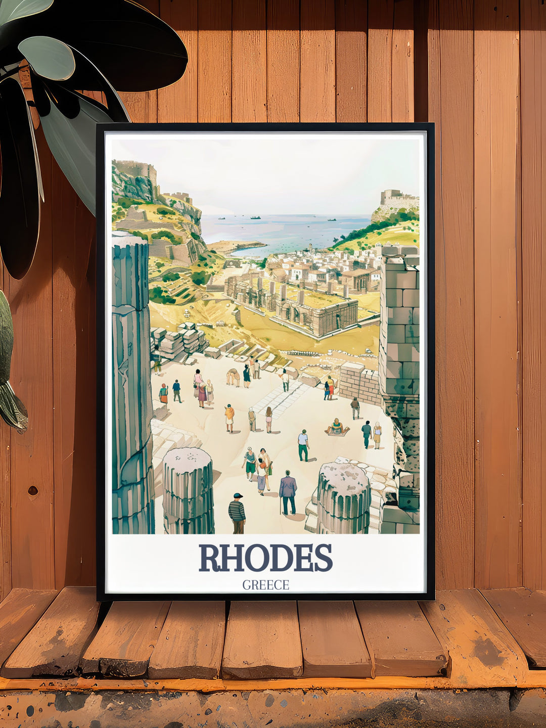 Greece Travel Print showcasing the Acropolis of Lindos and Old Town of Rhodes, offering a unique perspective on the islands ancient and medieval history. A beautiful addition to any wall art collection.