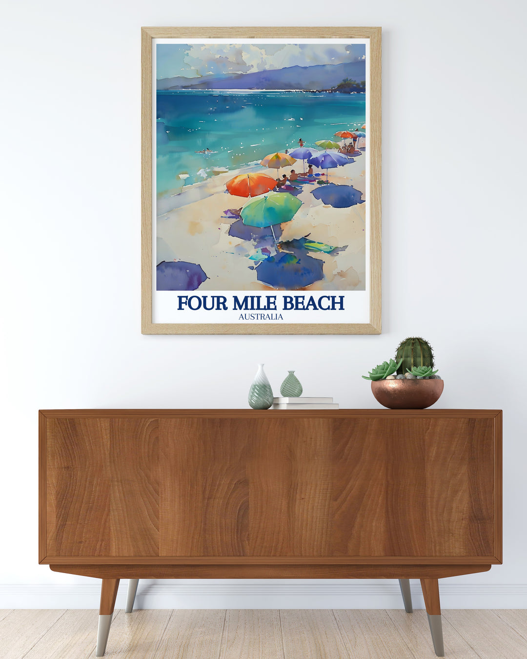 Four Mile Beach framed art presents the calming beauty of Australias coast, offering a soothing image of golden sand meeting clear blue waters. Perfect for a bedroom or living room, this art piece brings a peaceful coastal touch to your home decor.