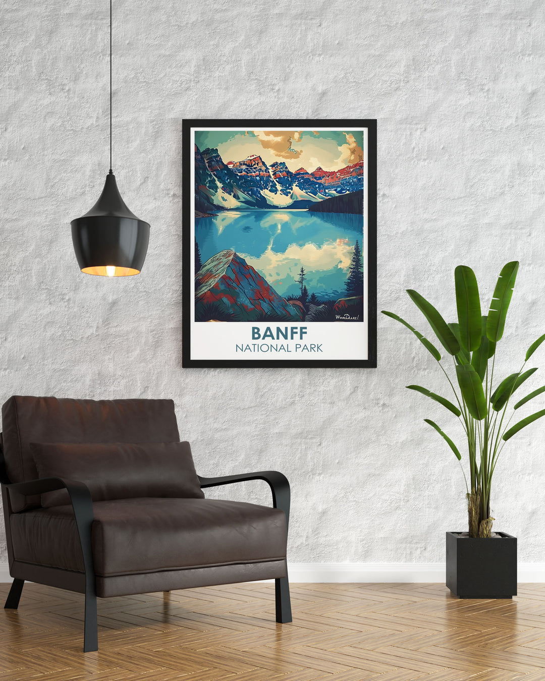 Poster of Banff National Park with a panoramic view of the iconic Moraine Lake, perfect for those who appreciate the beauty of Canadas natural landscapes.