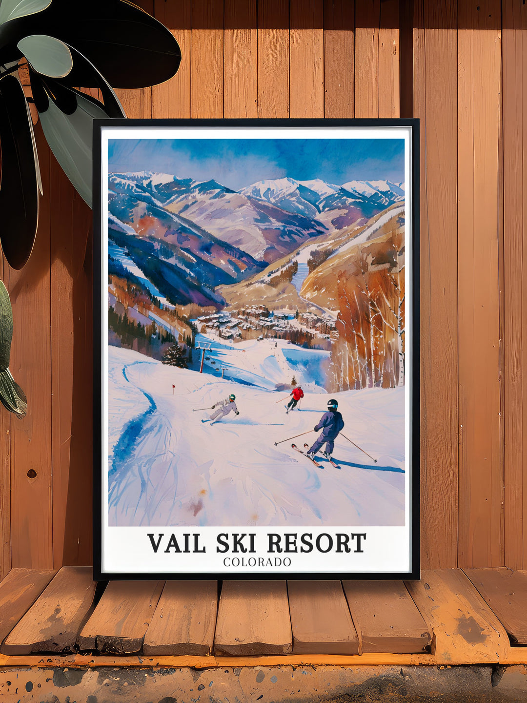 This travel poster of Vail Ski Resort captures the essence of winter sports and mountain charm, featuring the bustling Vail Village and the snow covered Vail Mountain. Perfect for adventurers and Colorado enthusiasts, this artwork is ideal for decorating your home or office.