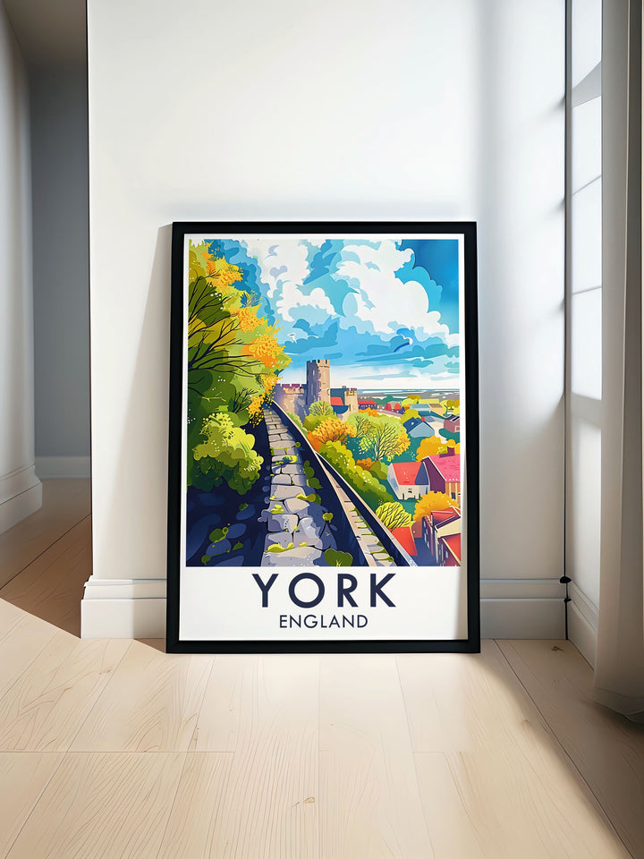 This York poster print showcases the historic York Walls, emphasizing their impressive stone architecture and beautiful surroundings. Ideal for history lovers, this artwork brings the charm of York into any home or office.