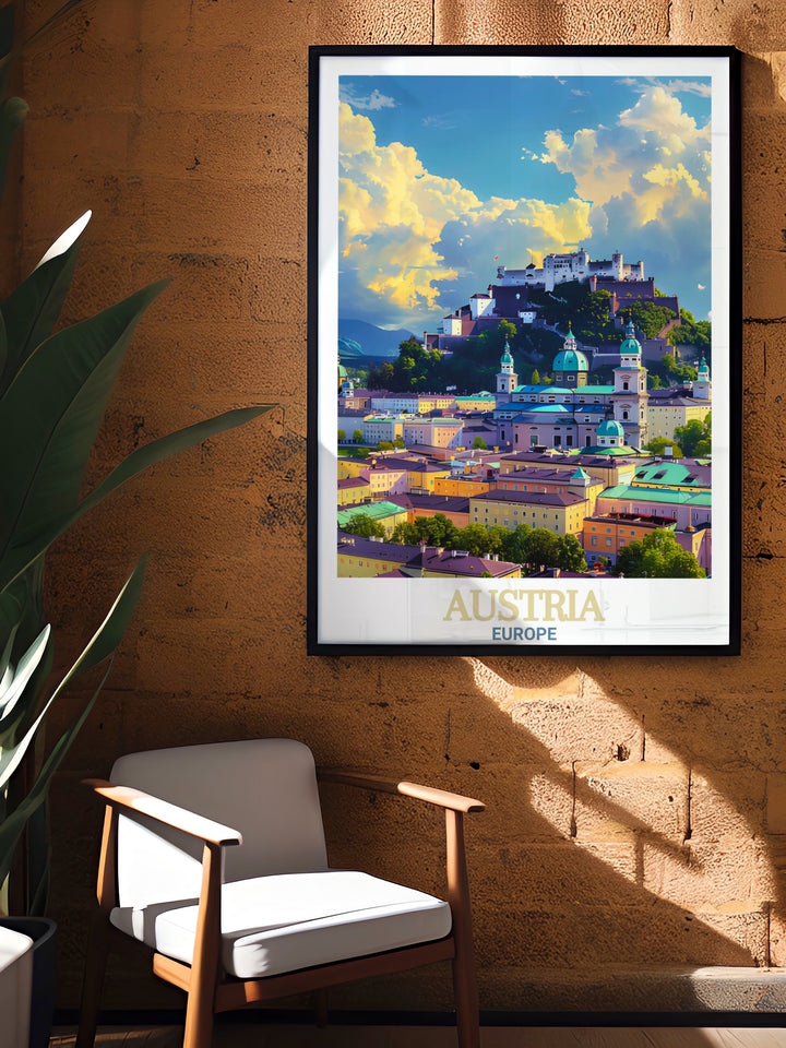 Salzburgs Historic Center art print captures Austrias cultural charm in a fine line city print. This Austria wall art is perfect for home décor or office spaces. The Austria travel print is a thoughtful gift for those who love history and beautiful architecture.