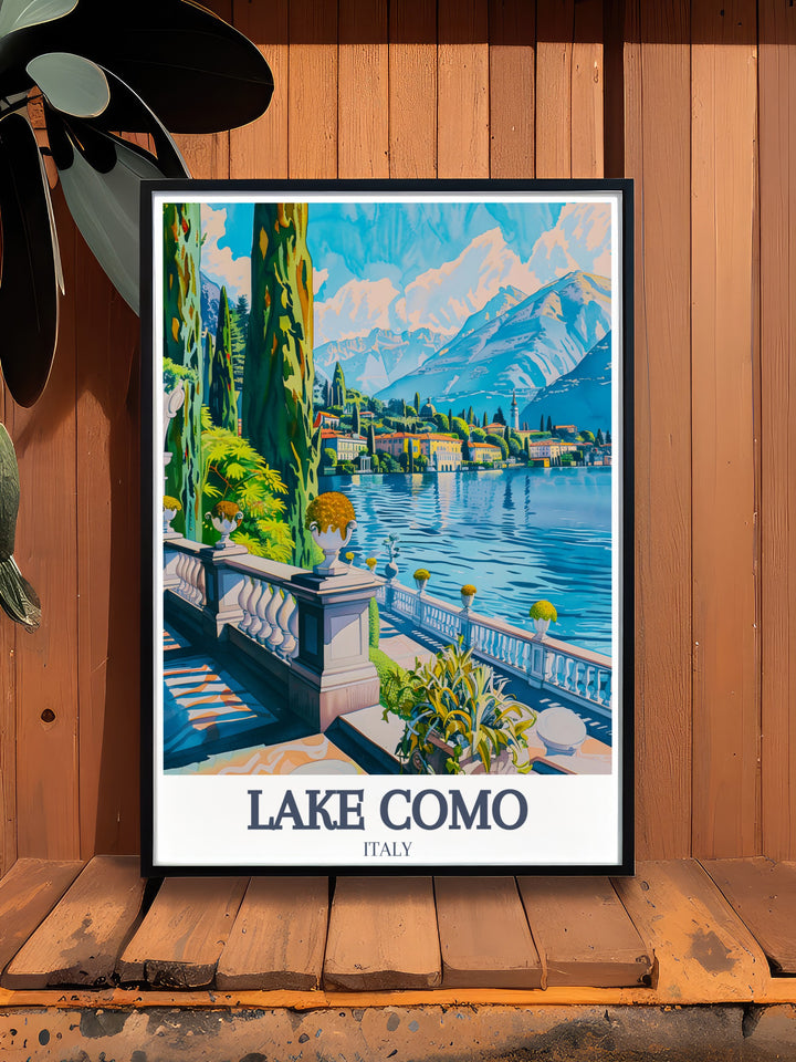 Lake Como Artwork featuring Villa Carlotta and Lombard Pre Alps a perfect piece for anyone who appreciates the beauty of Italy this print adds charm and elegance to your walls and makes an ideal traveler gift