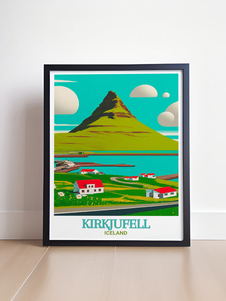 Kirkjufell Poster Print capturing the stunning view of Icelands most photographed mountain, Kirkjufell, with its distinct conical shape and the peaceful reflection in the waters of Grundarfjörður. This print brings the majestic beauty of Icelandic landscapes into your home, perfect for those who appreciate natures grandeur.