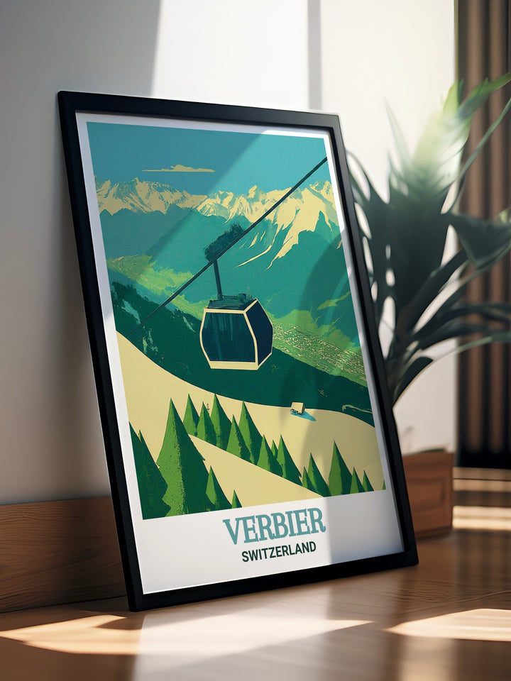 This vintage Verbier Ski Poster captures the iconic Le Châble Gondola set against the breathtaking Swiss Alps. A perfect travel print for those who cherish alpine adventures, this artwork brings the beauty of Verbier into your home decor with a timeless design.