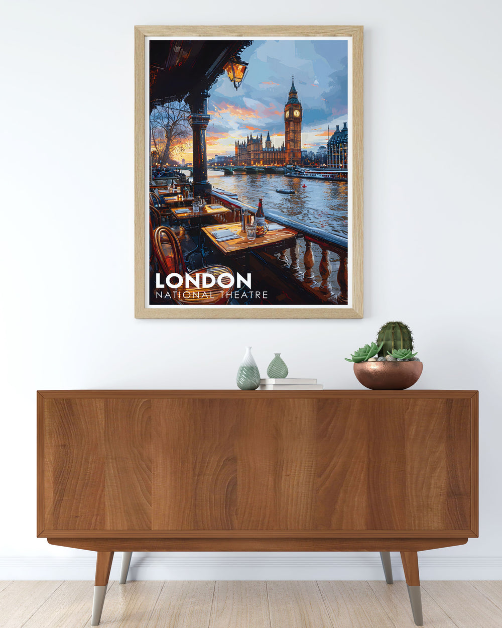 Retro Travel Poster of The Old Vic London with The River Terrace in the background a beautiful addition to any home this print blends classic theatre history with contemporary design making it a perfect choice for sophisticated wall decor