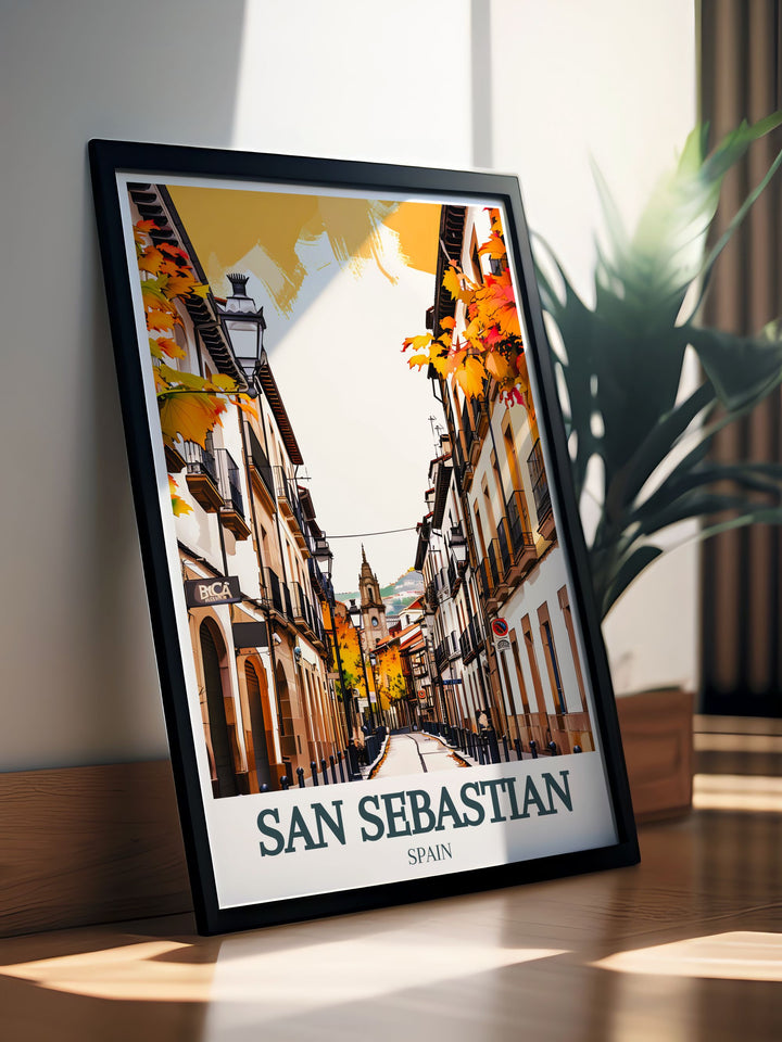 Elegant San Sebastian Photo of Old Town and Buen Pastor Cathedral a stunning piece of art perfect for living room decor this fine line print brings the vibrant atmosphere of San Sebastian into your home ideal for unique gifts