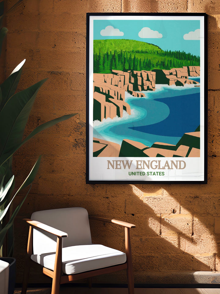 Acadia National Park artwork highlighting the iconic landscapes of the New England Trail. This hiking poster print is perfect for anyone who enjoys national park adventures and wants to bring the beauty of nature into their home with stylish wall decor.