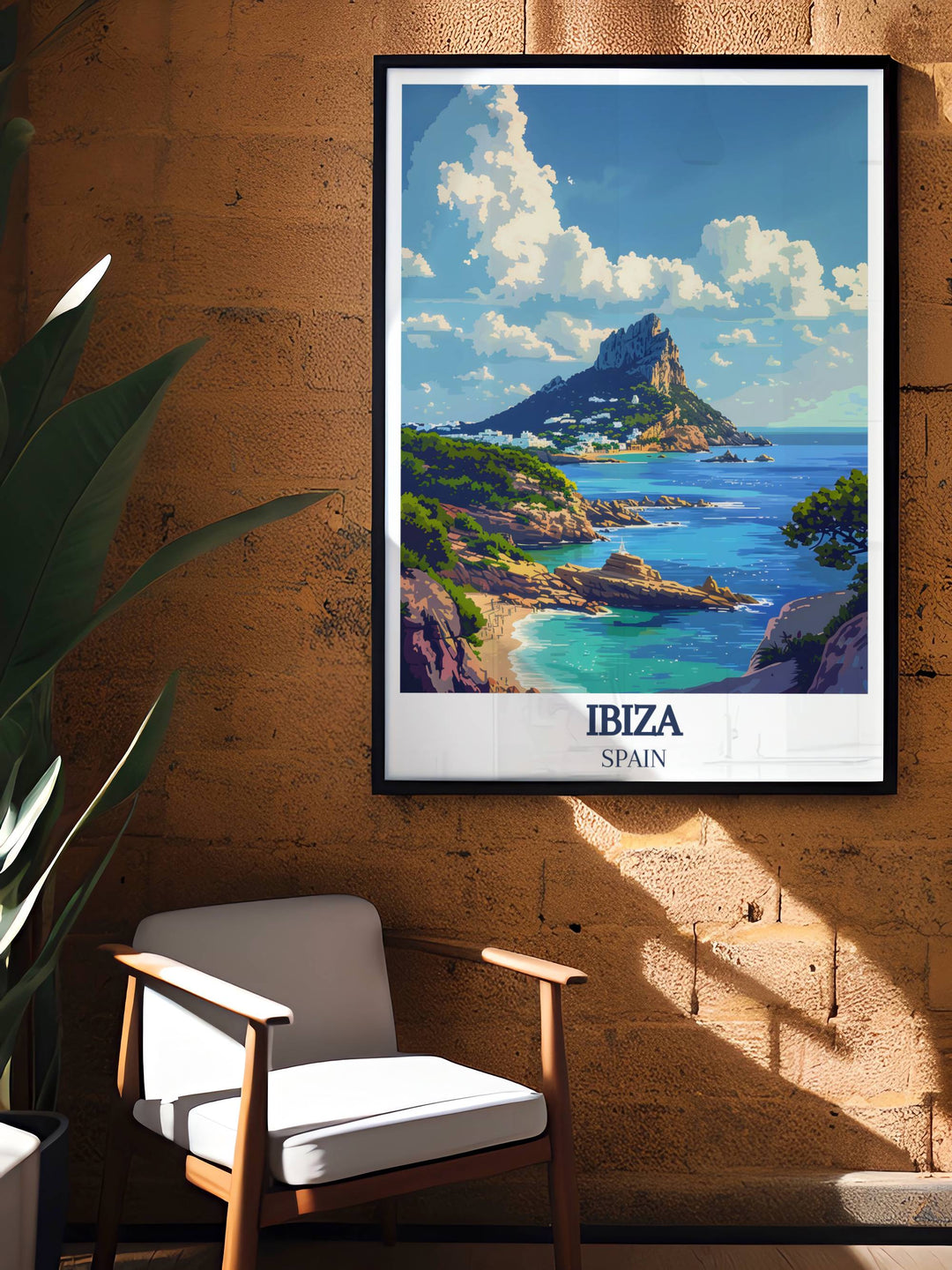 Dance Music Art poster showcasing the dynamic O Beach Day Club and the serene Es Vedra Digital perfect for adding a touch of Ibizas lively nightlife and mystical charm to your wall art collection