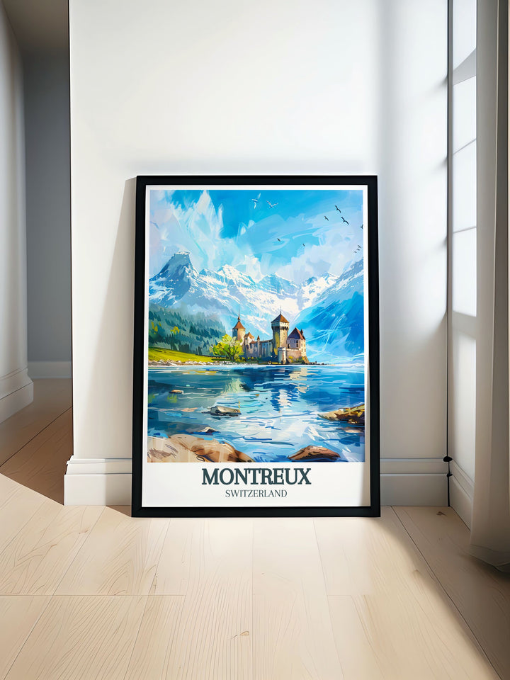 This Chillon Castle Wall Print captures the charm and history of one of Switzerlands most iconic castles. With the calm waters of Lake Geneva and the majestic Swiss Alps as a backdrop, this travel poster offers a perfect blend of nature and heritage for your wall.