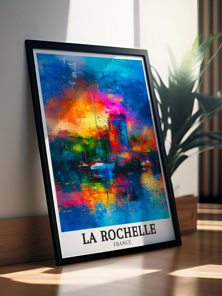 Captivating France travel print showcasing the architectural beauty of La Rochelles Old Port and the historic Chain Tower. The artwork captures the citys maritime heritage and vibrant atmosphere, making it a timeless addition to any art collection