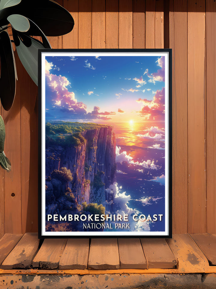 Experience the stunning cliffs of Pembrokeshire Wales with this retro travel poster featuring rich colors and classic Art Deco design capturing the serene yet powerful essence of the Welsh landscape suitable for framed print collections.