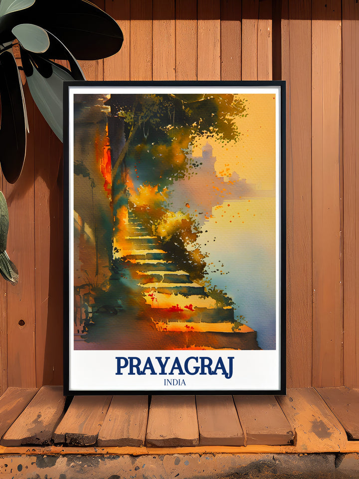 Prayagraj travel poster capturing the vibrant essence of Allahabad through a detailed map print. Perfect for adding a touch of Indian culture to any room, this wall art celebrates the citys deep historical roots and spiritual importance.