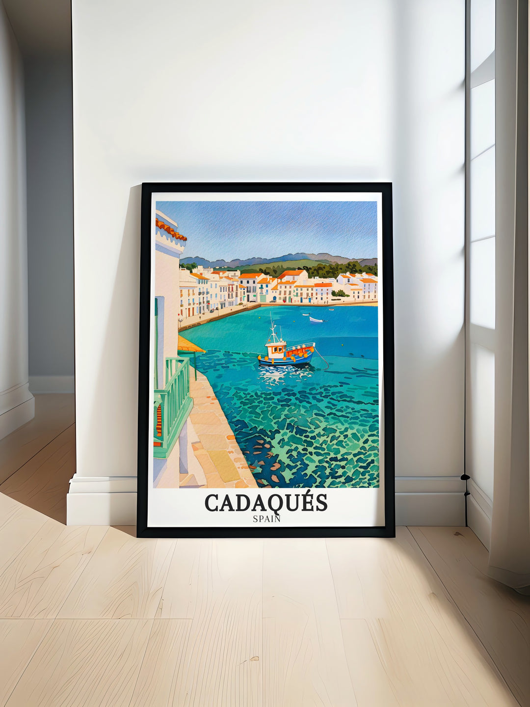 Cadaqués framed art presents a peaceful scene of this charming coastal town, featuring its bright buildings and shimmering waters. A great gift for anyone who loves Mediterranean towns, this print captures the laid back beauty of Cadaqués.