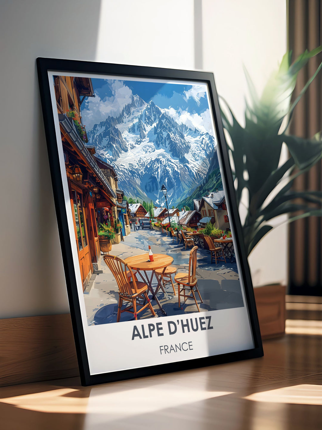 Framed art print of LAlpe dHuezs snowy landscape, a stunning addition to any room looking to evoke the spirit of the French Alps.