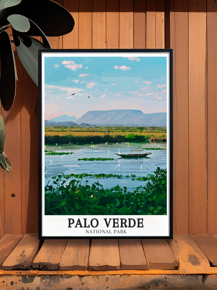 Costa Rica poster print highlighting the Tempisque River Flood Plains and Verde Boat Safari this Palo Verde artwork is a thoughtful gift for travelers and nature enthusiasts looking to add the charm of Costa Ricas landscapes to their home decor.