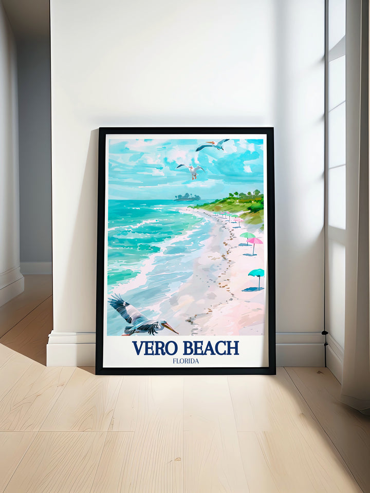 Round Island Beach Park travel poster captures the coastal and lagoon beauty of this Florida gem. Perfect for nature lovers and beachgoers alike, this artwork adds a vibrant and scenic touch to any room, making it a great addition to any Florida inspired décor.