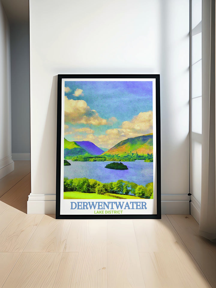 Capture the serene beauty of Derwentwater with this vibrant Lake District Wall Art. Perfect for living rooms or offices, this artwork showcases the tranquil waters surrounded by picturesque mountains.