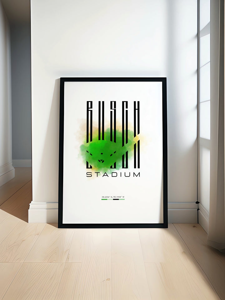 St Louis Cardinals Poster featuring Busch Stadium in a minimalist design perfect for sports bedroom art and STL room decor ideal for fans who appreciate mid century modern style and digital downloads for easy printing and customization