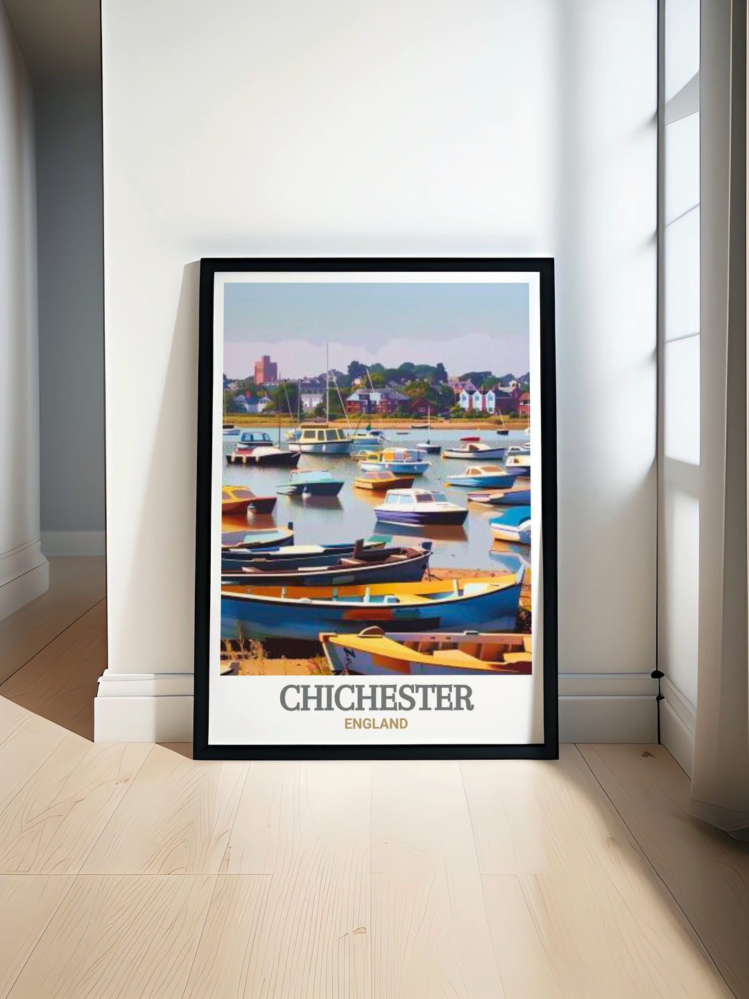 Bring the serene ambiance of Chichester Harbour into your home with this travel poster, highlighting the harmonious blend of nature and tranquility found in this Area of Outstanding Natural Beauty.