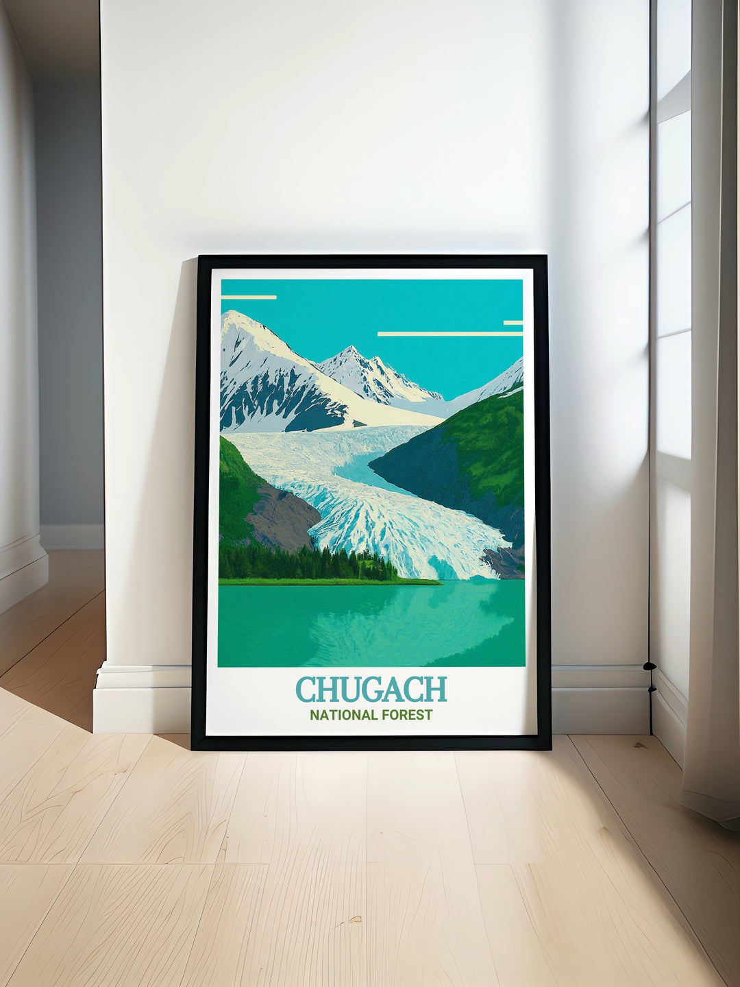 Alaska art featuring the majestic Portage Glacier and Chugach mountains in a stunning poster ideal for living room decor capturing the raw beauty of Alaska