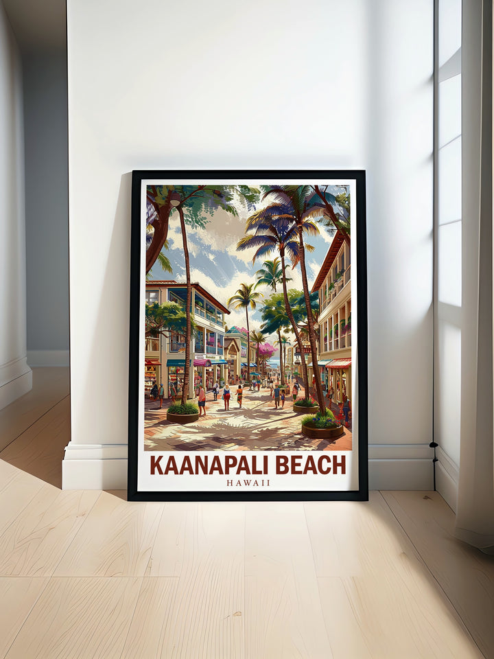 Kaanapali Beach poster print highlighting the peaceful beaches of Maui with soft sands and clear blue waters. This travel art also features Whalers Village, capturing the charm of one of Hawaiis most visited coastal towns, making it an ideal piece for home décor or as a beach lovers gift.