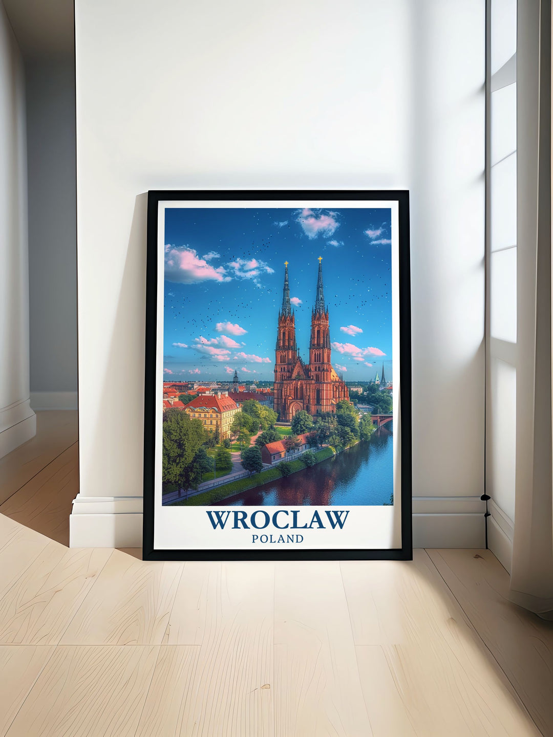 An art print celebrating the vibrant city of Wroclaw, featuring the picturesque Ostrow Tumski. This piece highlights the Gothic architecture of the Cathedral of St. John the Baptist, making it an exquisite addition to any collection of Poland wall art.