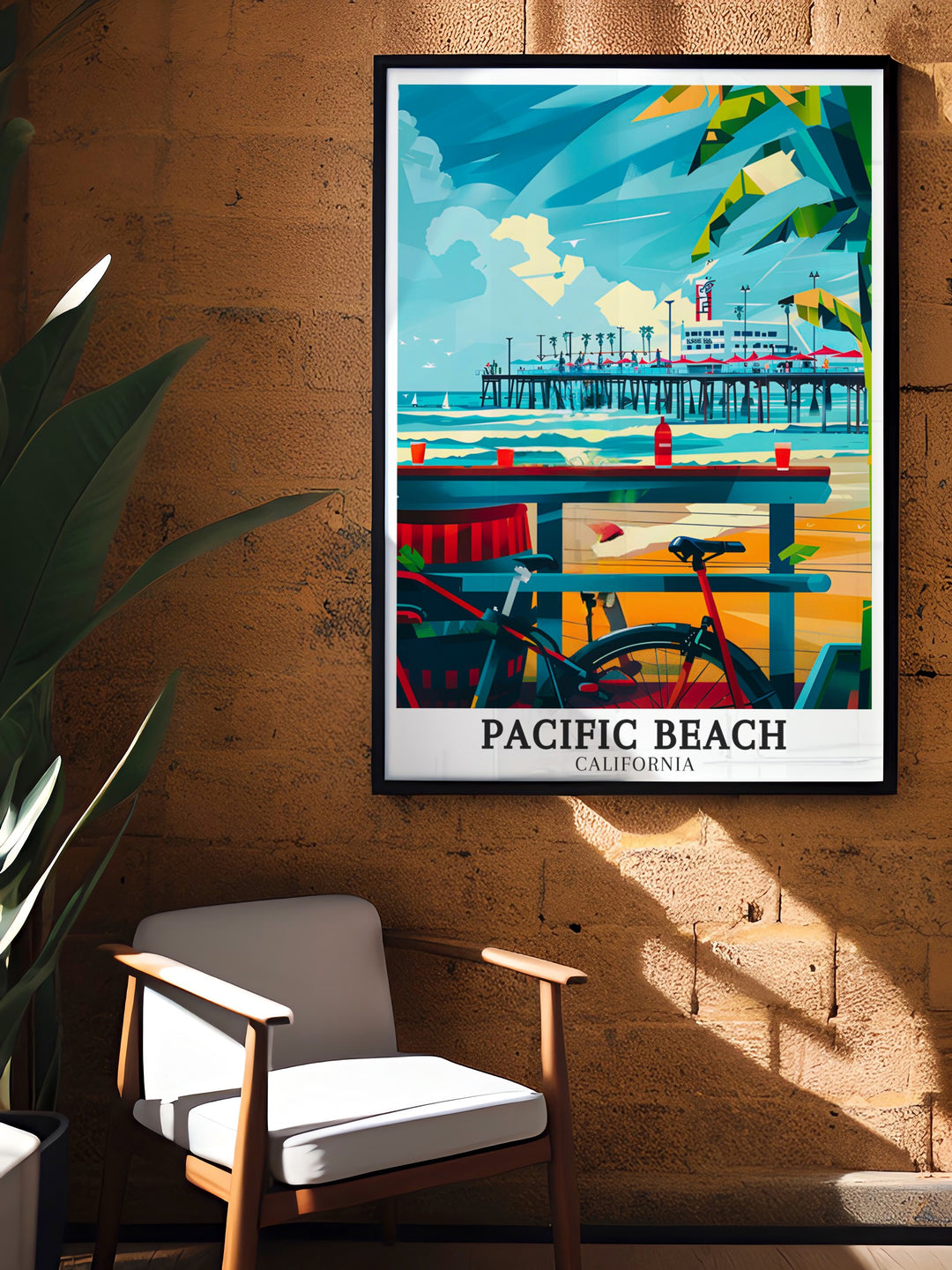 This Pacific Beach poster highlights the beloved Crystal Pier and the Boardwalk, offering a glimpse into Californias relaxed beach lifestyle. Ideal for beach lovers and those seeking to bring a touch of the coast into their living space.