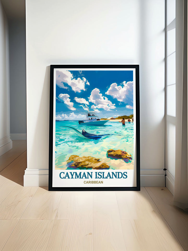 Stingray City travel poster featuring a stunning black and white Cayman Islands print perfect for home decor and gifts showcasing the magical underwater world and serene beauty of the Caribbean with a timeless and captivating design