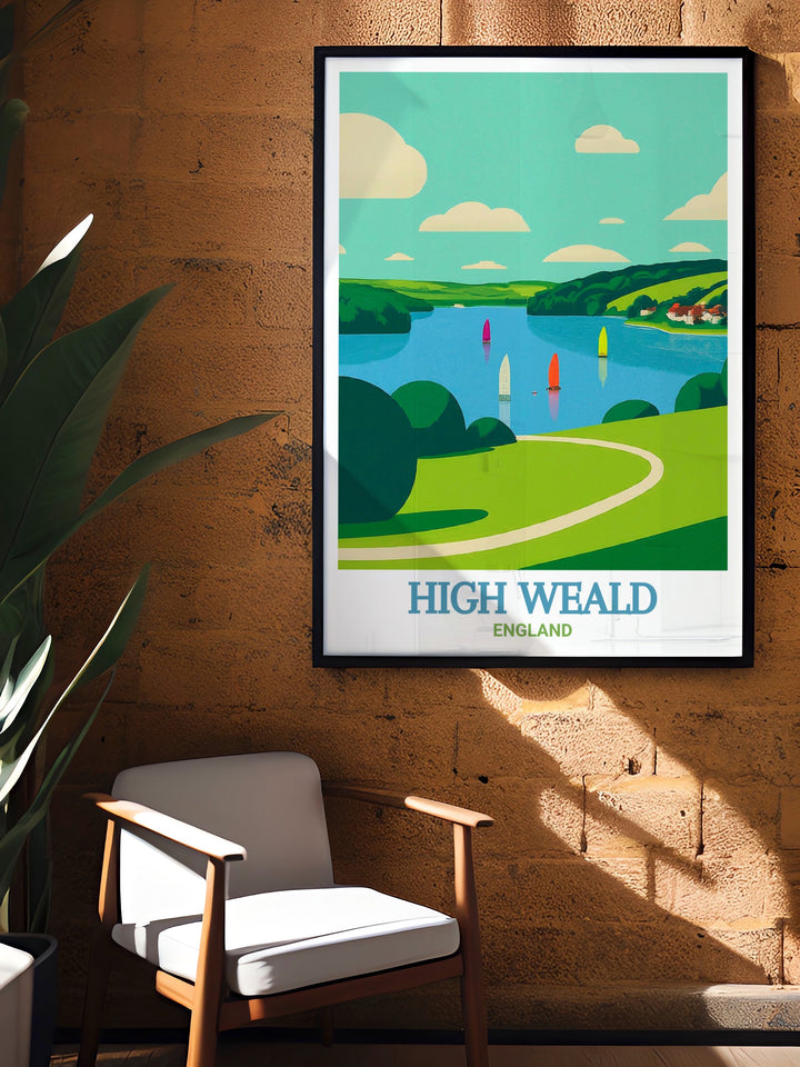 High Weald and Bewl Water print celebrating the natural beauty of the British countryside with vintage inspired artwork capturing the rolling hills and iconic oast houses ideal for framing as part of your home décor collection.