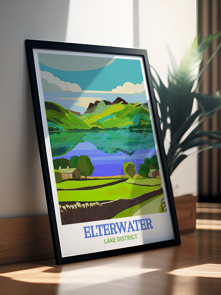 Vintage style Elterwater Lake print offers a glimpse of the stunning scenery in Cumbria. With views of Great Langdale and Lingmoor Fell this Lake District poster is an ideal gift for hiking enthusiasts and lovers of National Park landscapes.