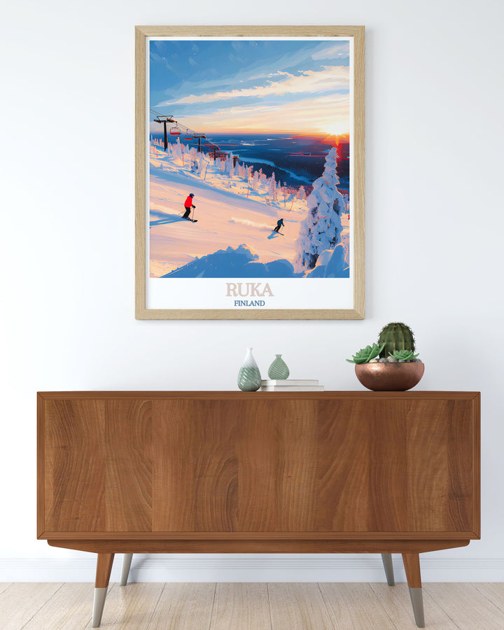 Elevate your home decor with Ruka Ski Slopes Stunning Prints capturing the dynamic action and thrill of skiing in Finland offering a perfect blend of elegance and excitement