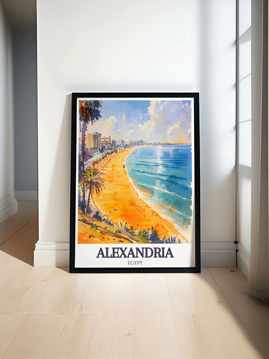 This vibrant Alexandria Egypt art print captures the beauty of Stanley Beach and Corniche Promenade. Perfect for home decor, the fine line print showcases the iconic landmarks in vivid colors, adding elegance and sophistication to any space.