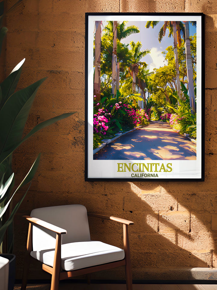 San Diego Botanic Garden wall art highlights the peaceful botanical gardens of Encinitas, California. This travel print is perfect for adding a touch of greenery and coastal beauty to your living space, making it a great gift for lovers of nature and California landscapes.