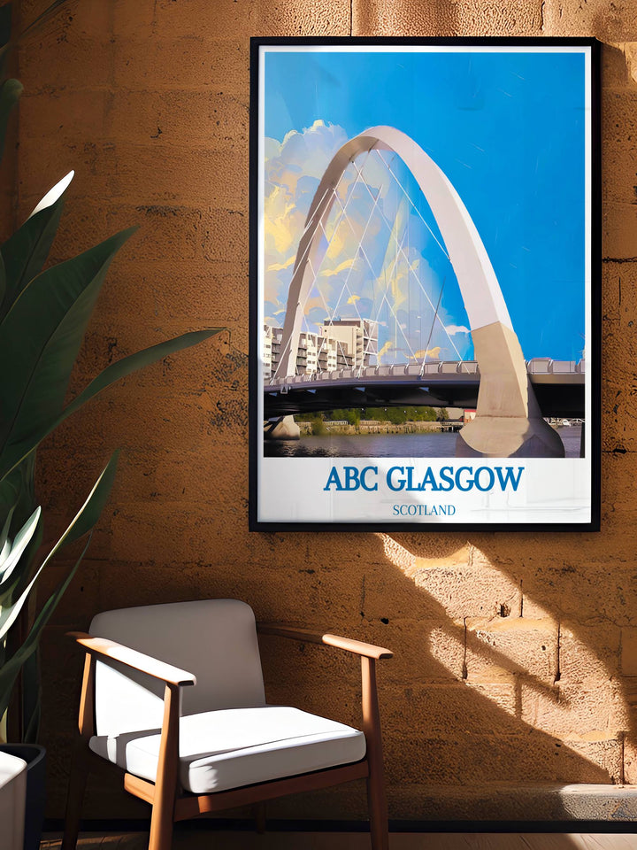 Captivating print of The Clyde Arc and Barrowland Ballroom ideal for fans of Glasgows unique architectural and musical heritage.